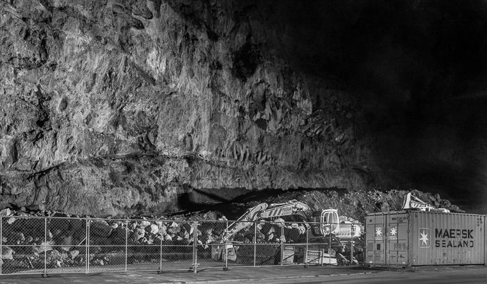 A color street photography shot of Redcliffs, Christchurch, New Zealand at night in black and white.