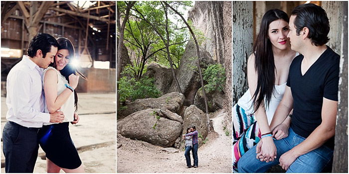 A sweet engagement photography triptych of a couple embracing in a wooded area