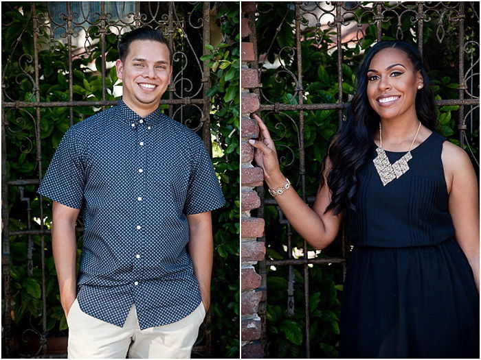 An engagement shoot photo diptych - portrait of each of the couple standing against a gate