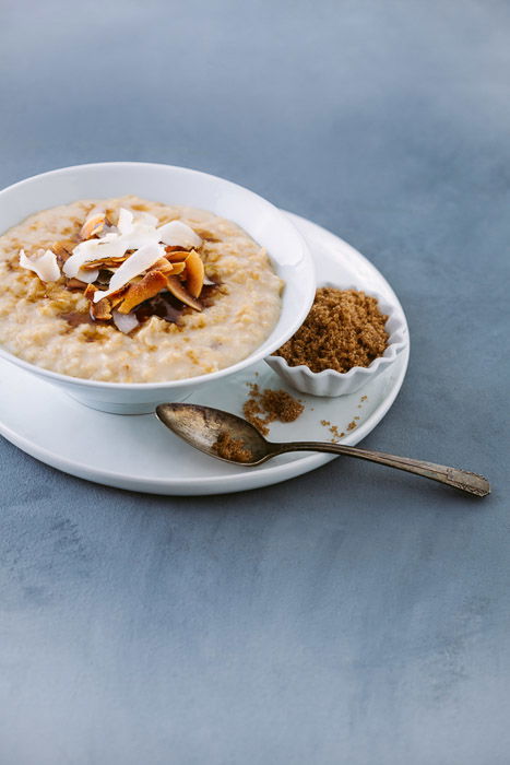 Food photography of toasted coconut and brown sugar oatmeal