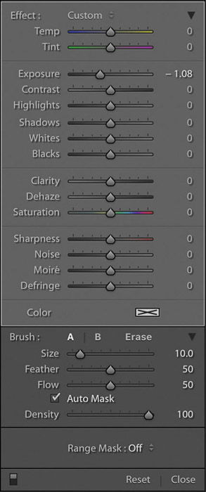 Lightroom screenshot of graduated filter tool panel