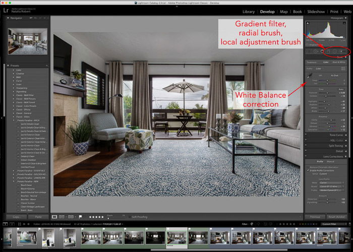 Lightroom interface of interior photography editing techniques