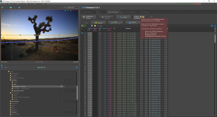 Lightroom screenshot of using drag to lightroom button on LRTimelapse