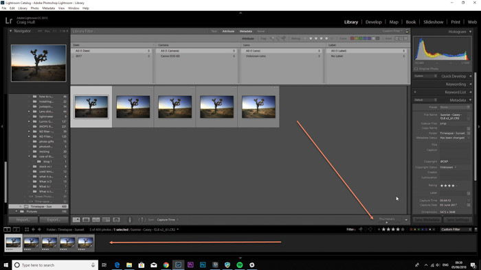 Lightroom screenshot of selecting images on LRTimelapse