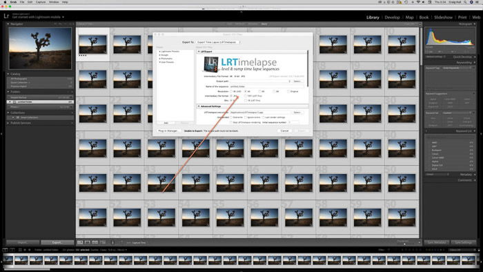 Screenshot of exporting final time lapse photography images