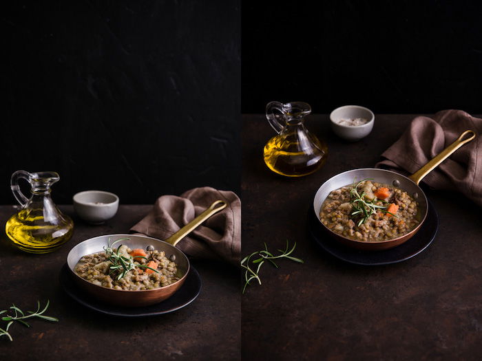 Mystic Light Food Photography Diptych of a pan of food with oil, small bowls and towel on dark colored tabletop