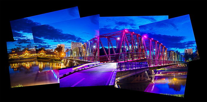 A photomontage of Chiang Mai's historic Iron Bridge in the evening