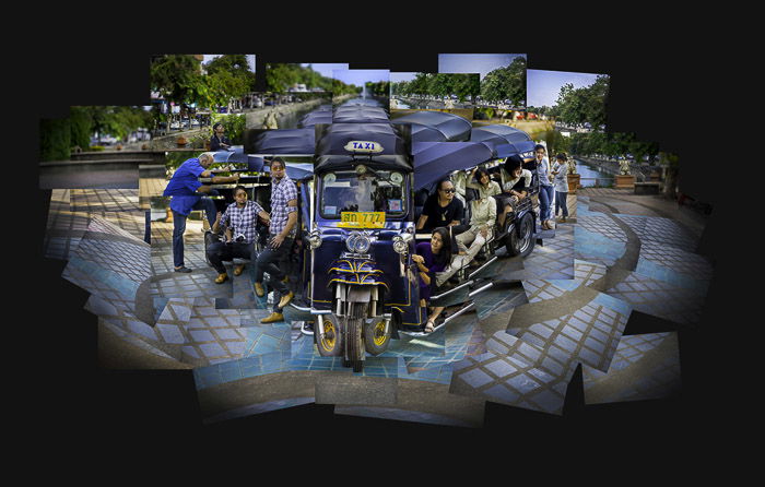 A photomontage of a tuktuk full of people which is bent out of shape and displayed in a very cubist manner.