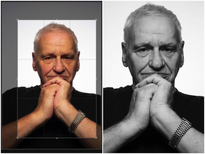 A two photo diptych showing cropping a colored portrait of a man and converting to black and white for the Platon photography style