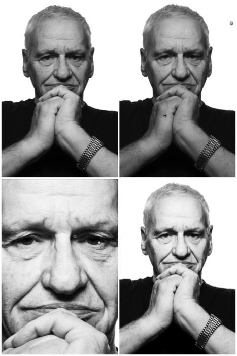 A four photo black and white portrait grid, in clockwise order, the results from (i) whitening the background, (ii) darkening the forearms, (iii) brighten the image and boost contrast and, finally, (iv) dodging and sharpening the eyes. to create a Platon style photography portrait.