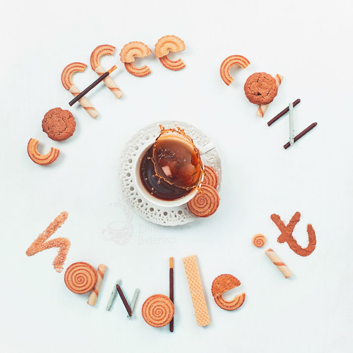 Still life photography idea arrangement of biscuits spelling "coffee can handle it" framing a coffee cup