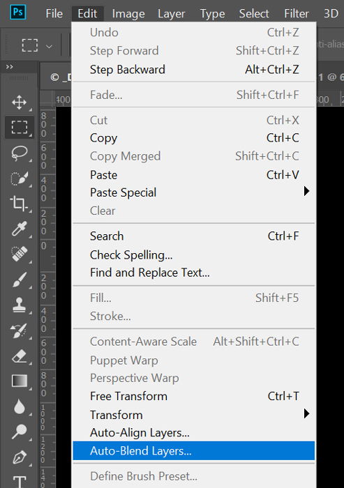 Screenshots of auto blending layers for focus stacking images in Photoshop