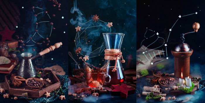 Magical still life of coffee brewing equipment triptych on dark background