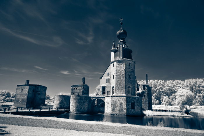 An infrared photo of a stone tower