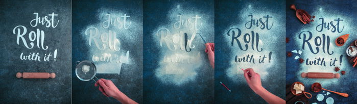 A 5 photo progression of creating a cool food art shot featuring the typography message 'just roll with it'.