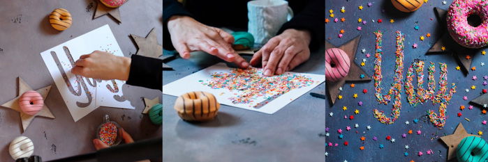 A 3 photo progression of creating a cool food art shot featuring the typography message 'yay' with donut sprinkles