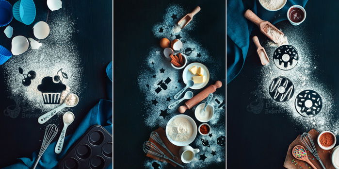 A food art triptych with silhouettes of cupcakes, fruits, stars, spaceships and doughnuts.