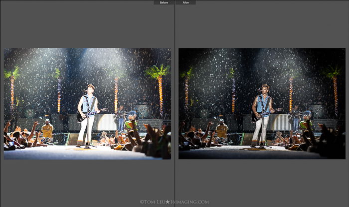 Diptych photos of a guitarist onstage before and after concert photography editing in lightroom