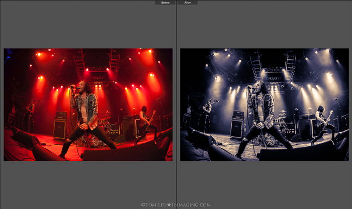 Diptych photos of a singer live onstage before and after concert photography editing in lightroom