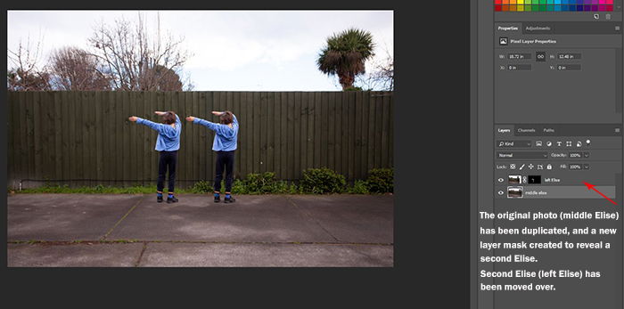 Screenshot of using Photoshop to edit a photo of a little girl dancing into a multiplicity photography shot