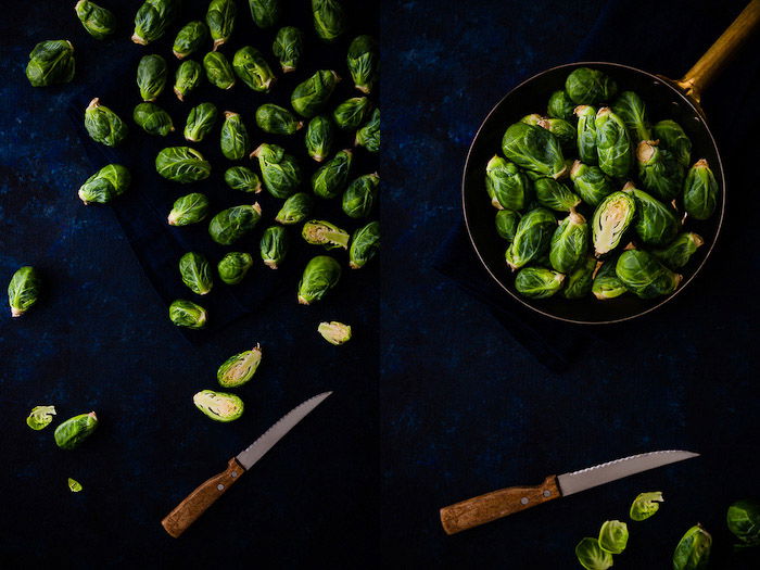 Overhead food photography diptych showing brussel sprouts in a dark and moody style