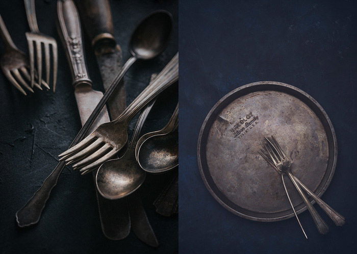 Overhead shot of prosciutto crostini with pecans in a dark food photography style