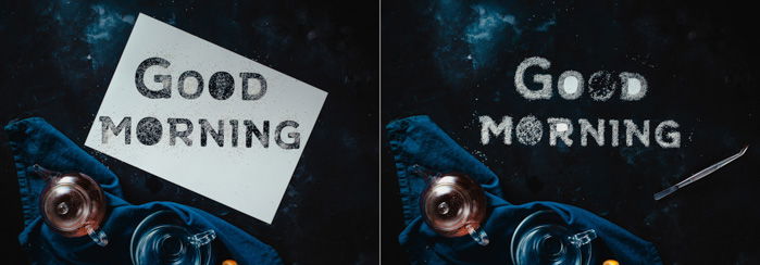 A diptych showing the stencil of the phrase 'good morning' and the message created in sugar without the stencil