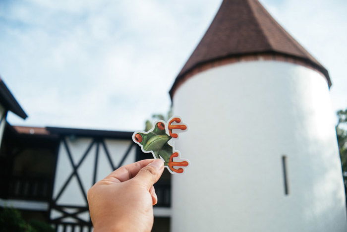 Humourous image of a person holding a picture of a frog against a tower 