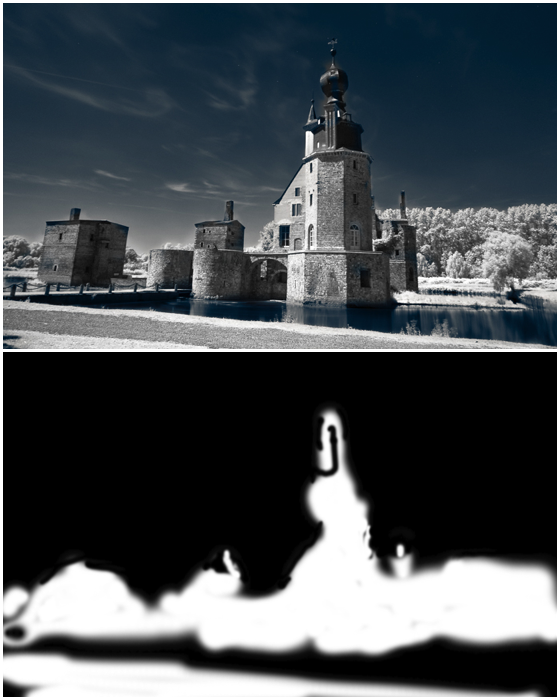 Split screen shot of the original infrared landscape image and a rough mask done in Photoshop. 