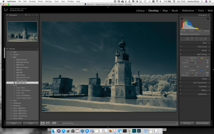 Lightroom screenshot of The effect of the B&W Split Tone preset. Editing infrared photography on lightroom