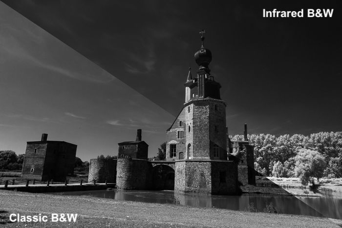 Split-screen image showing the comparison between a simple B/W conversion from color and infrared images.