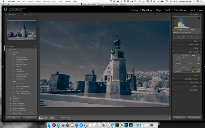 Screenshot of tweaking the setting in the Split Toning panel for editing infrared photos