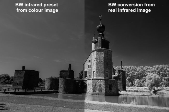 Split image showing a comparison between the use of the B&W infrared preset on a color image and a monochrome conversion of a real IR image. 