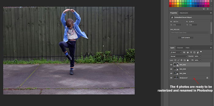 Screenshot of using Photoshop to edit a photo of a little girl dancing into a multiplicity photography shot