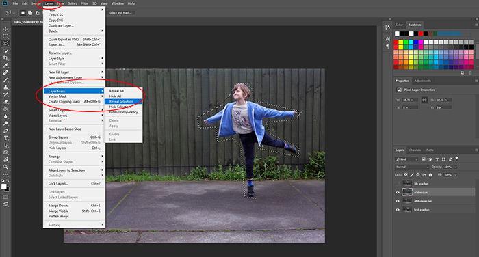 Screenshot of using Photoshop to edit a photo of a little girl dancing into a multiplicity photography shot - creating layer masks