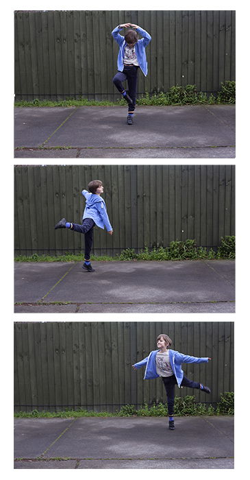 Three photograph grid of a little girl dancing outdoors