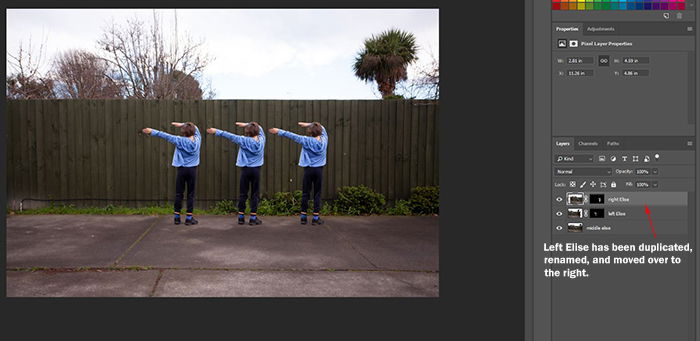 Screenshot of using Photoshop to edit a photo of a little girl dancing into a multiplicity photography shot