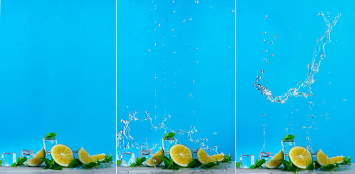 Triptych of food photography set up with water splashes