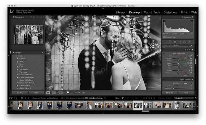 Screenshot of wedding photo editing on Lightroom - black and white wedding photography