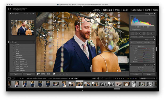 Screenshot of wedding photo editing on Lightroom - white balance and hsl