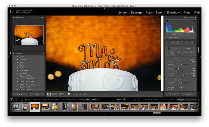 Screenshot of wedding photo editing on Lightroom - exposure settings.