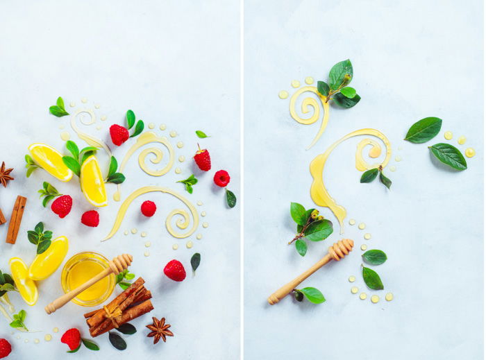 A bright and airy food photography themed flat lay diptych with honey, fruit and leaves