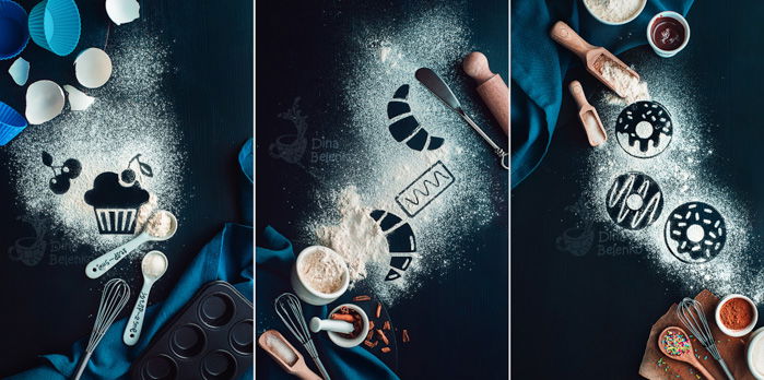 Flat lay photo idea: Dark and atmospheric food photography triptych with flour, cinnamon, butter and cooking utensils on a dark surface