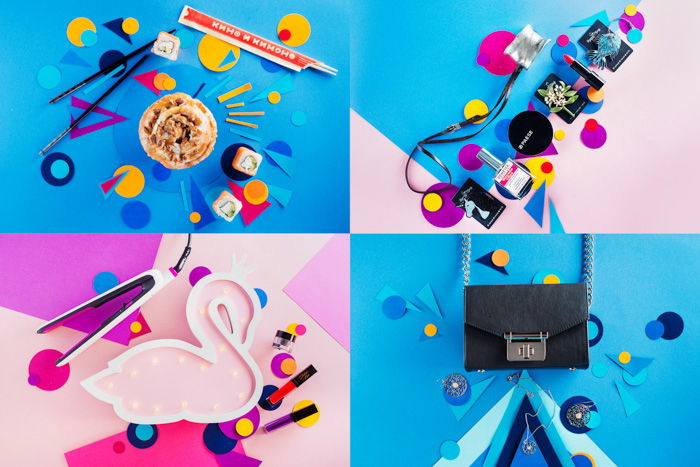 Four photo grid of colorful flat lay ideas