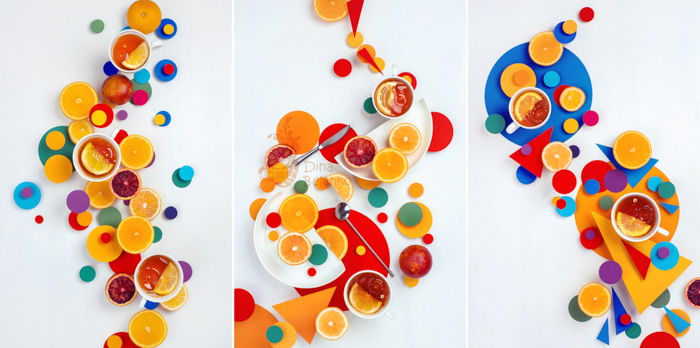 Three photo grid of colorful abstract flat lay 