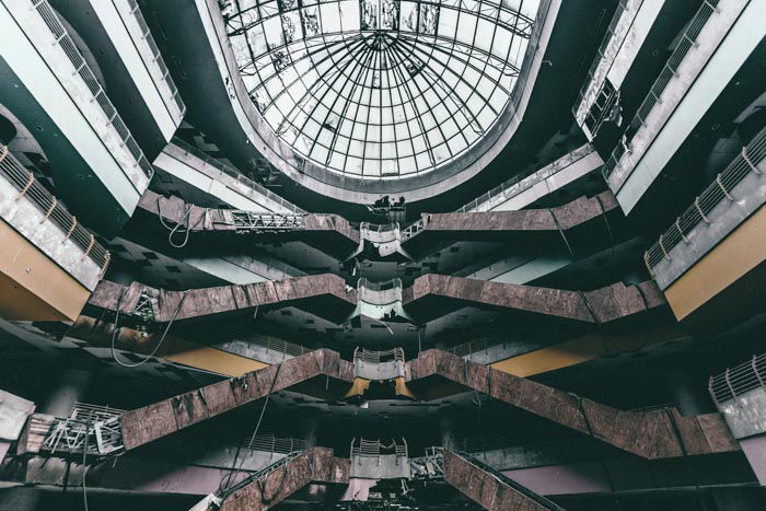 A photo of the interior of a ruined building 