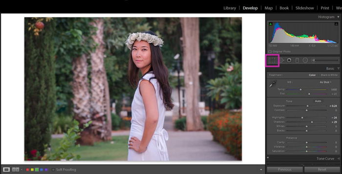 editing a photo of a woman wearing a flower crown in lightroom