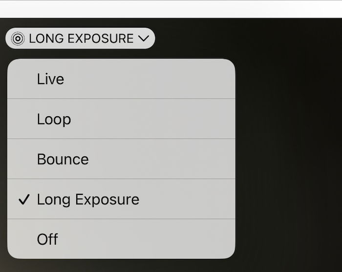 Screenshot of long exposure option in an iPhone's Live dropdown menu