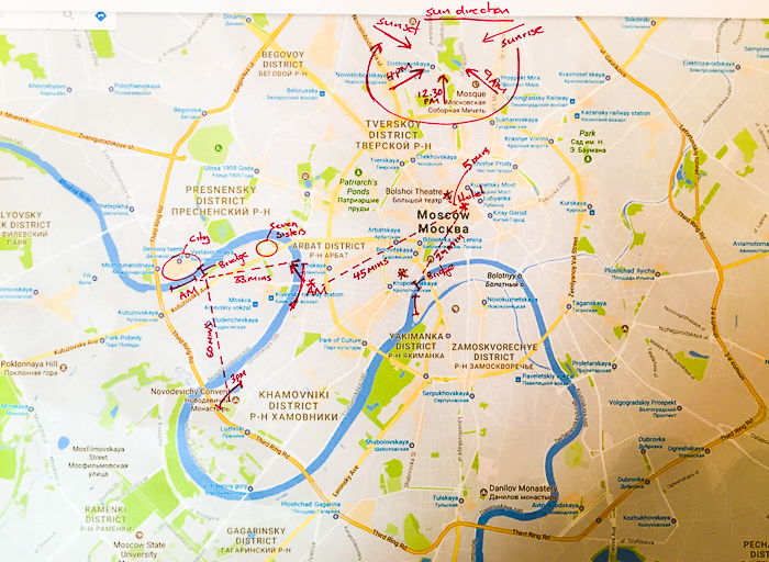 a map of Moscow with red marker scribbles of a travel plan