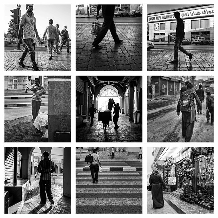 a 9 photo grid, each showing a different black and white street photography shot